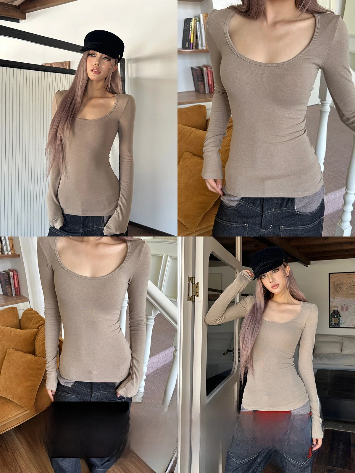 

GOGOBURN Spicy Girl Khaki Long Sve U-Ne T-irt Women's Slim Fit Base Layer Top Casual Sle Pure Desire Faion