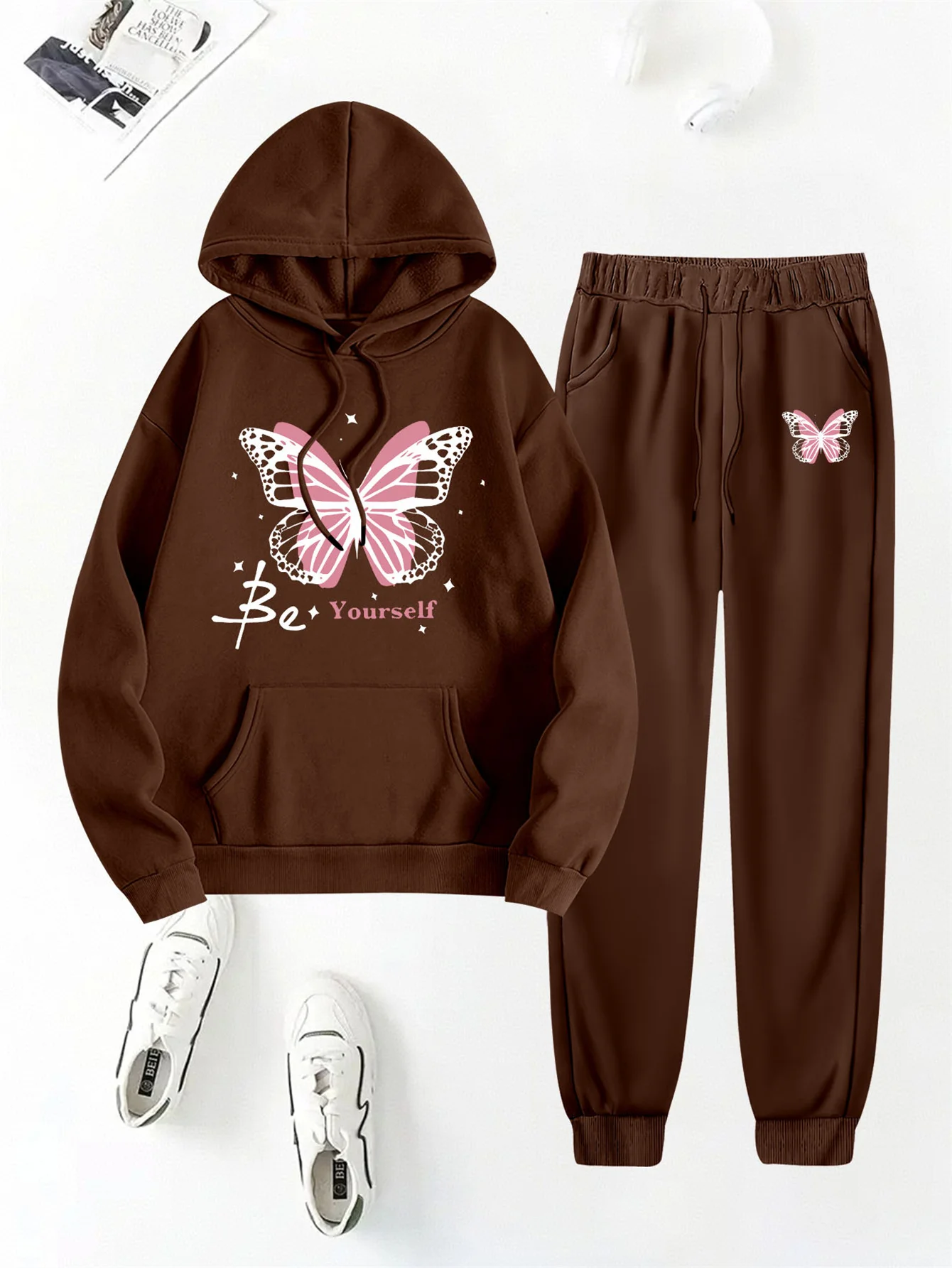 Women Butterfly Letter Print Hooded Sweatshirt & Sweatpants 2‑Piece Set Soft Elastic Fabric Casual Daily Tracksuit