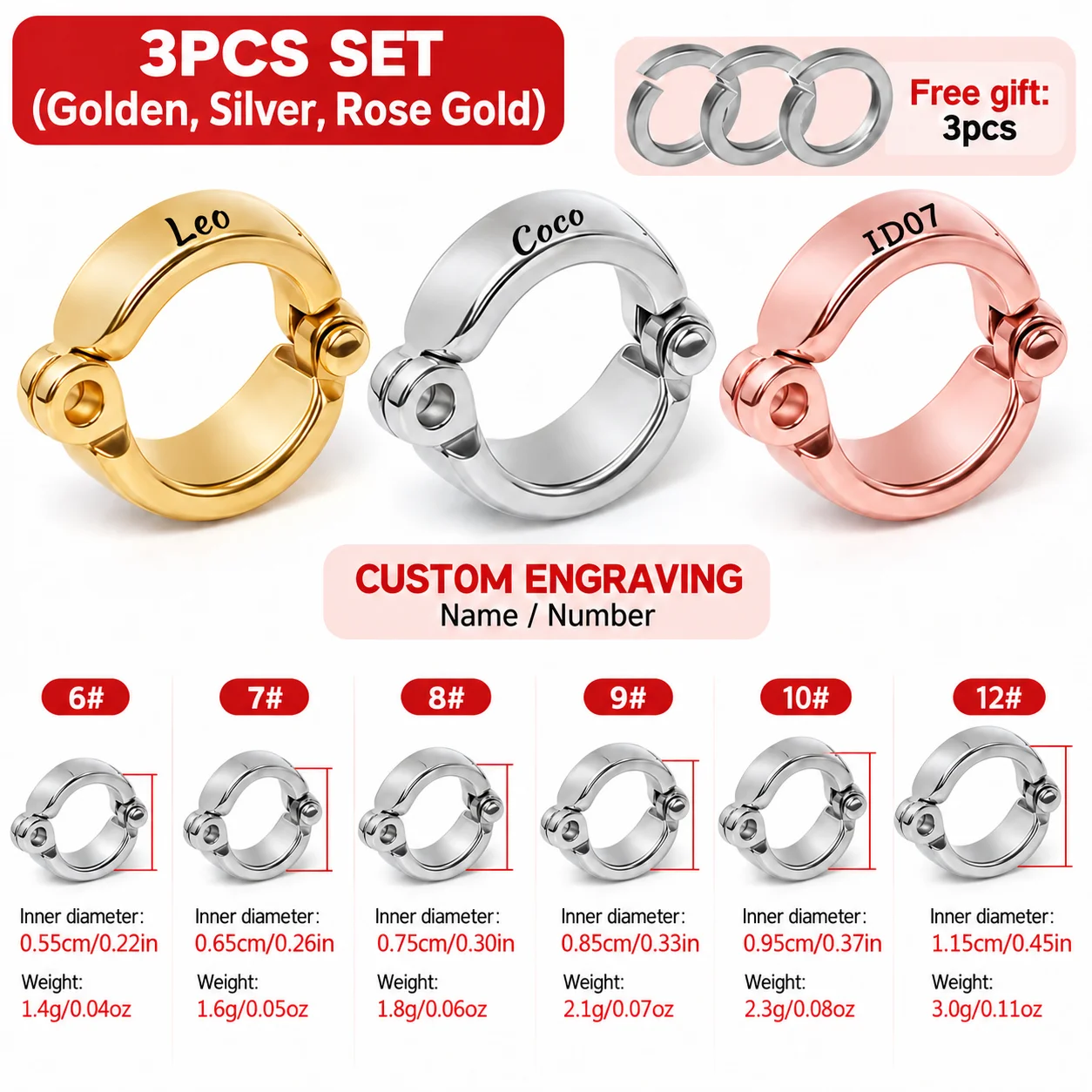 3Pcs Customizable Bird Foot Rings with Name or Serial Number (Suitable for Small, Medium, and Large Bird Training), Gold, Silver, Rose Gold 3-Piece Set, Bird Training Tools, Bird Behavior Adjustment Supplies, Durable Structure, Secure Fit Rings, Reinforced Rings, for Bird Enthusiasts