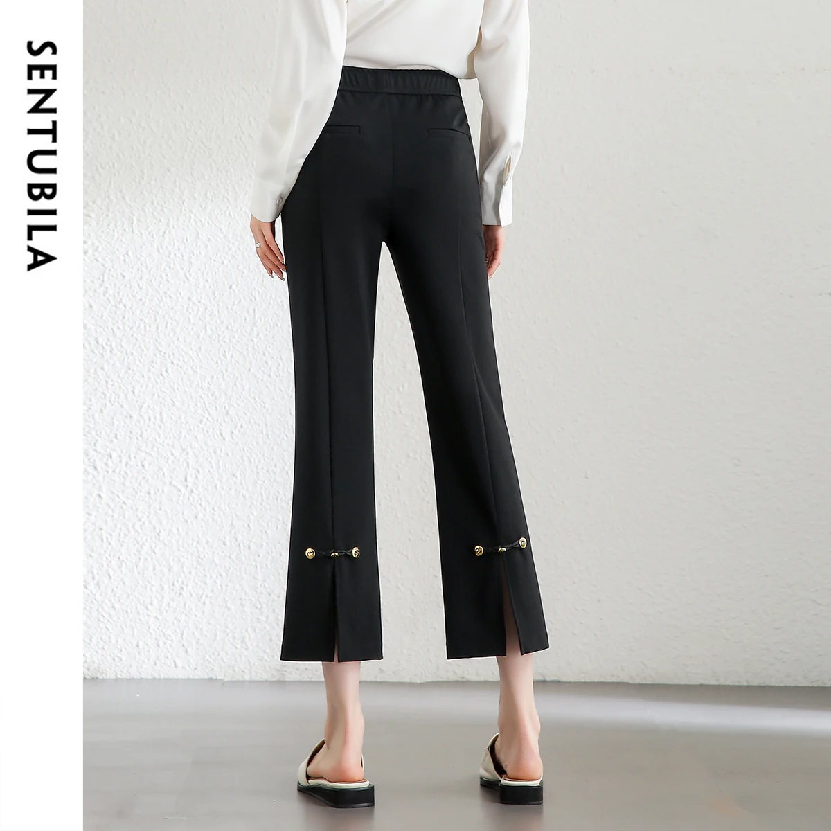 SENTUBILA Fashion Slim Fit Flare Pants Women 2024 Autumn Elastic Waist Slit-hem Metal Button Casual Black Trousers 143K55732