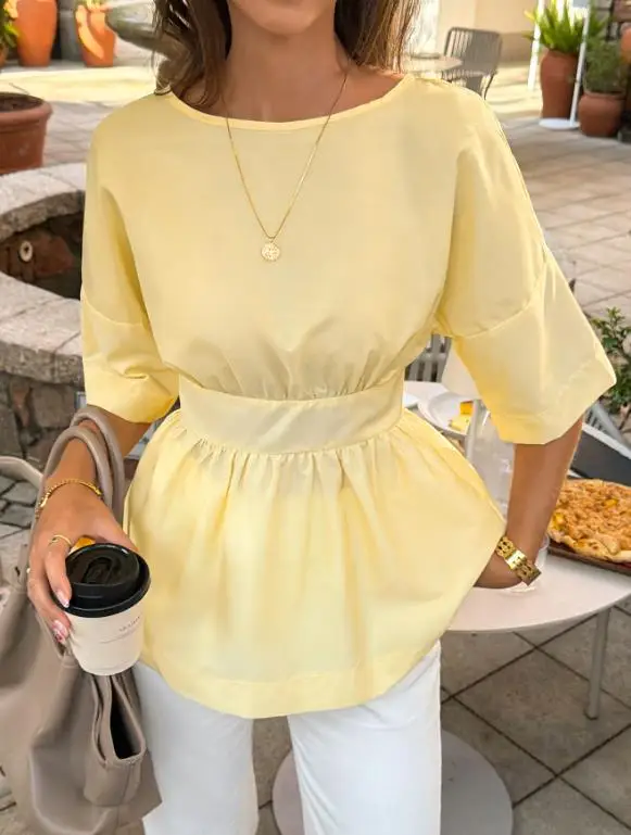 

Summer New French Elegant Sweet Girlish Style Solid Color Simple Round Neck Lace Up Backless Women's Short Sleeved T-Shirt