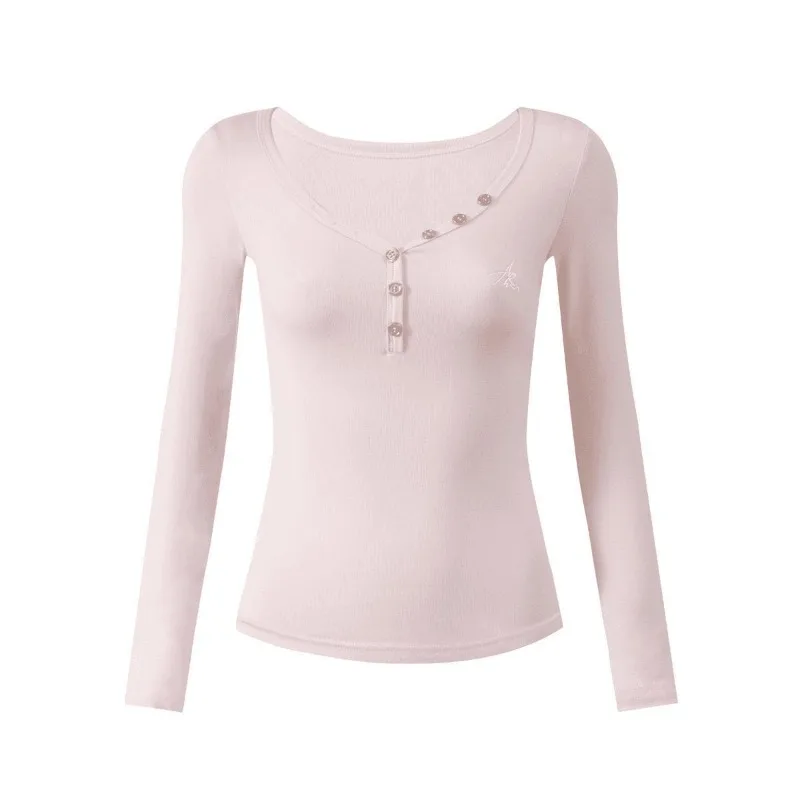 Women Clothes Autumn Outfit V-Neck Base Shirt Long Sleeve Solid Color T-Shirt Girl Student Button Design Sense lady Slim Fit Top
