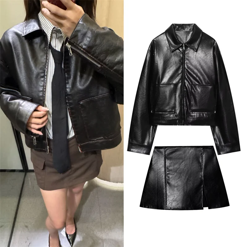

Women's Suit New Faux Leather Jacket Top Short Skirt-Pants Autumn Chic Simple Retro Casual 2-Piece Set