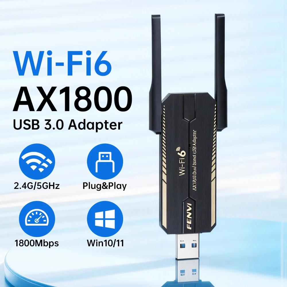 Fenvi WiFi 6 AX1800 USB3.0 Wireless Adapter Dual Band 2.4G/5Ghz 1800M Dongle Network Laptop PC Driver Free for Windows 10/11