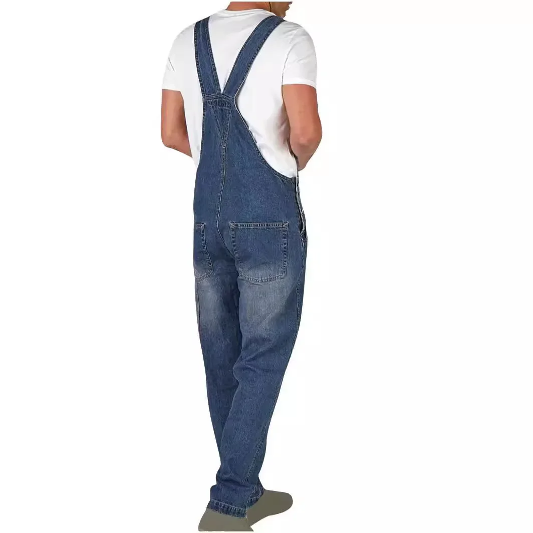 Overalls Jeans Men Ankle Length denim Jumpsuits Straight Pants Spliced One Piece Pockets Loose Vintage Wash Denim Casual Solid