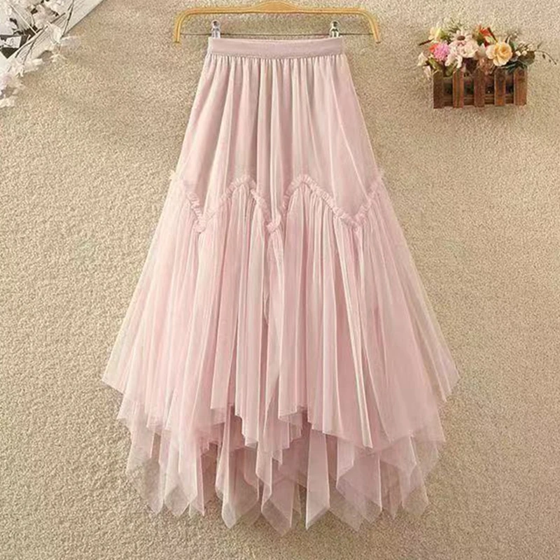 ไม่สม่ําเสมอจีบตาข่าย Tulle กระโปรงผู้หญิงฤดูใบไม้ผลิฤดูร้อนแฟชั่นสีทึบเอว A-Line ทํางานปาร์ตี้เต้นรํา Midi กระโปรงยาว