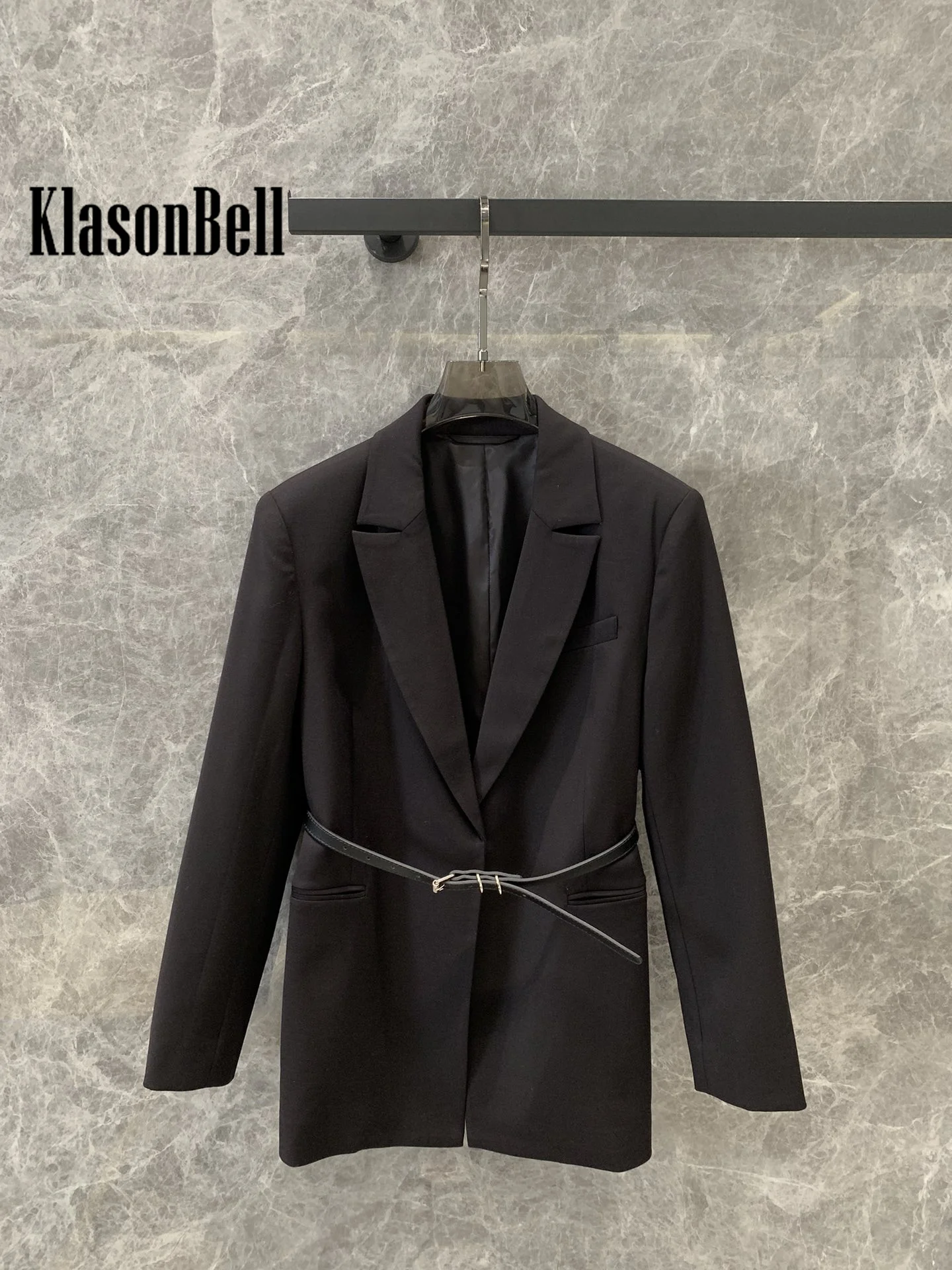 7.30 KlasonBell Women Elegant With Belt Collect Waist Office Lady Blazer Coat Wool Blend Notched Collar Mid-Length Jacket