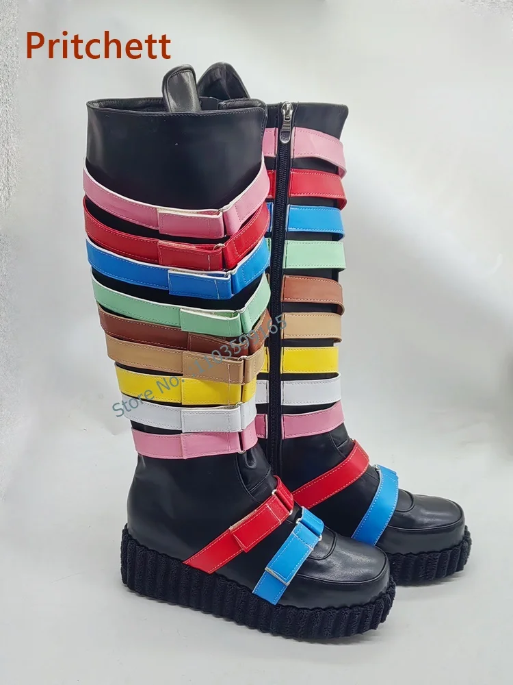 Rainbow Band Knee High Boots Round Toe Thick Soled Zip Women's Boots Punk Narrow Band Platform Striped Winter Modern Shoes