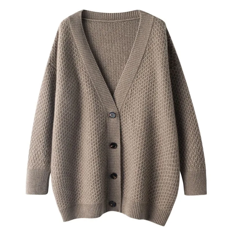 Winter 2022 New 100% pure wool cardigan Women V-neck solid color loose cashmere sweater jacket thickened