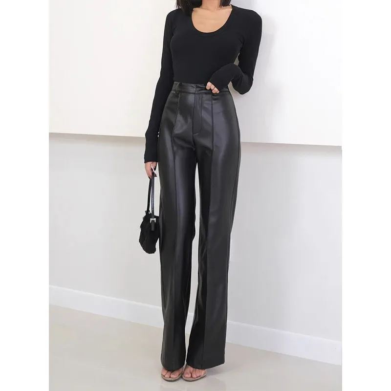 Leather pants, sheepskin straight-leg suit pants, vertical strips showing thin long legs, casual versatile women's pants