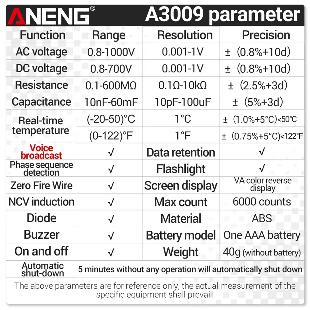 ANENG A3009 البث الصوتي الذكية المتعدد القلم 6000 التهم التيار المتناوب/تيار مستمر الجهد المقاومة ديود NCV التعريفي المهنية تستر #6