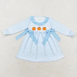 RTS Baby Girls Wholesale Fall Blue Stripes Pumpkins Embroidery Bows Knee Length Trendy Long Sleeve Fashion Boutique Dresses