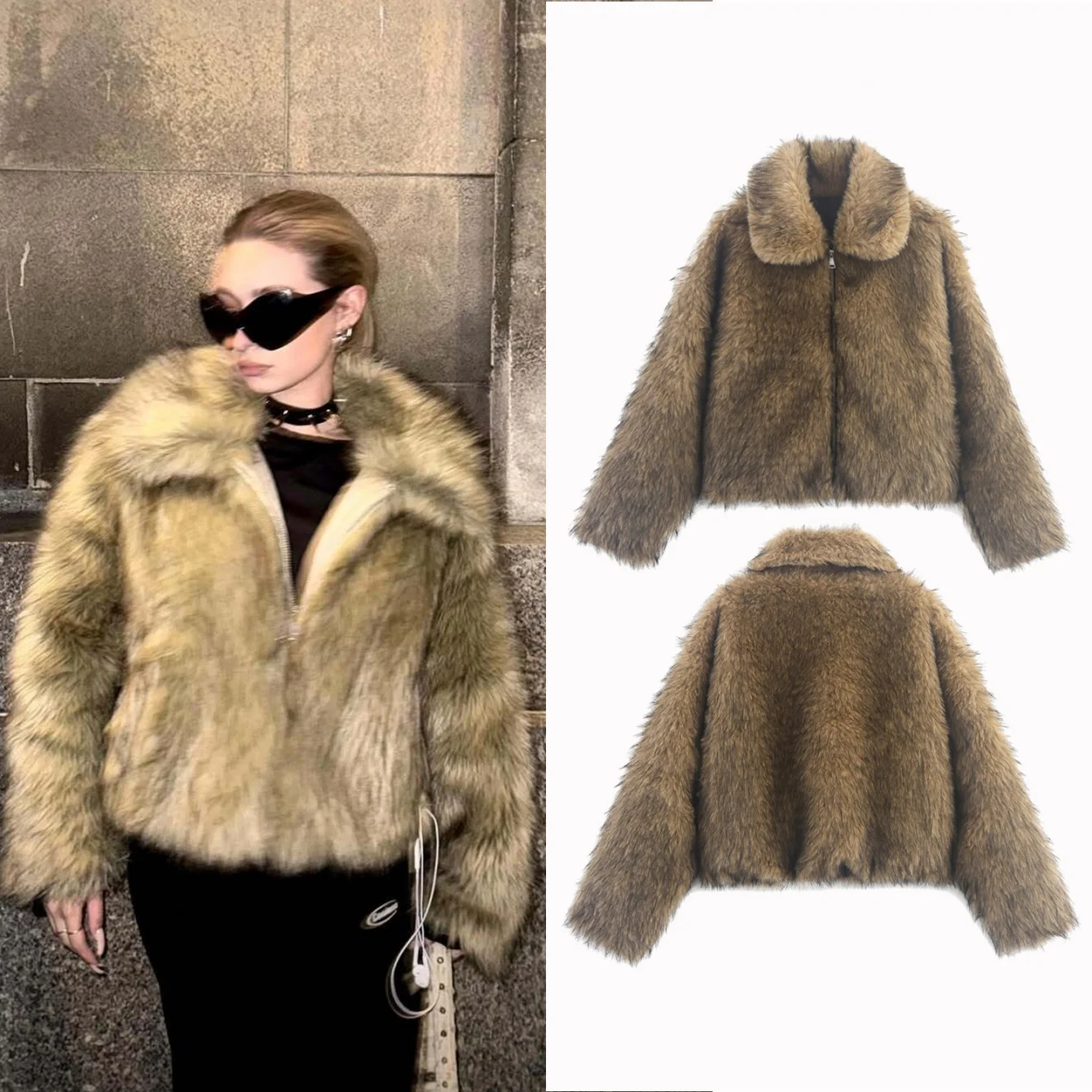 

2025 Autumn Fluffy Lapel Jackets for Women Long Sleeves Casual Zipper Jackets Luxury Faux Fox Fur Loose Thick Warm Street Coats
