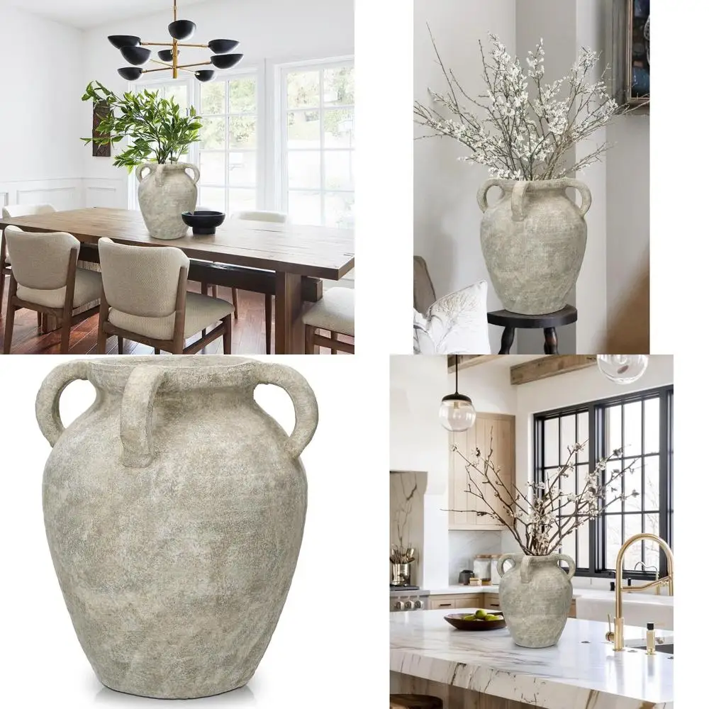 

12 Terracotta Flower Vase, Green Vintage Ceramic with 3 Handles, Rustic Antique Style for Home, Office, and Café Décor