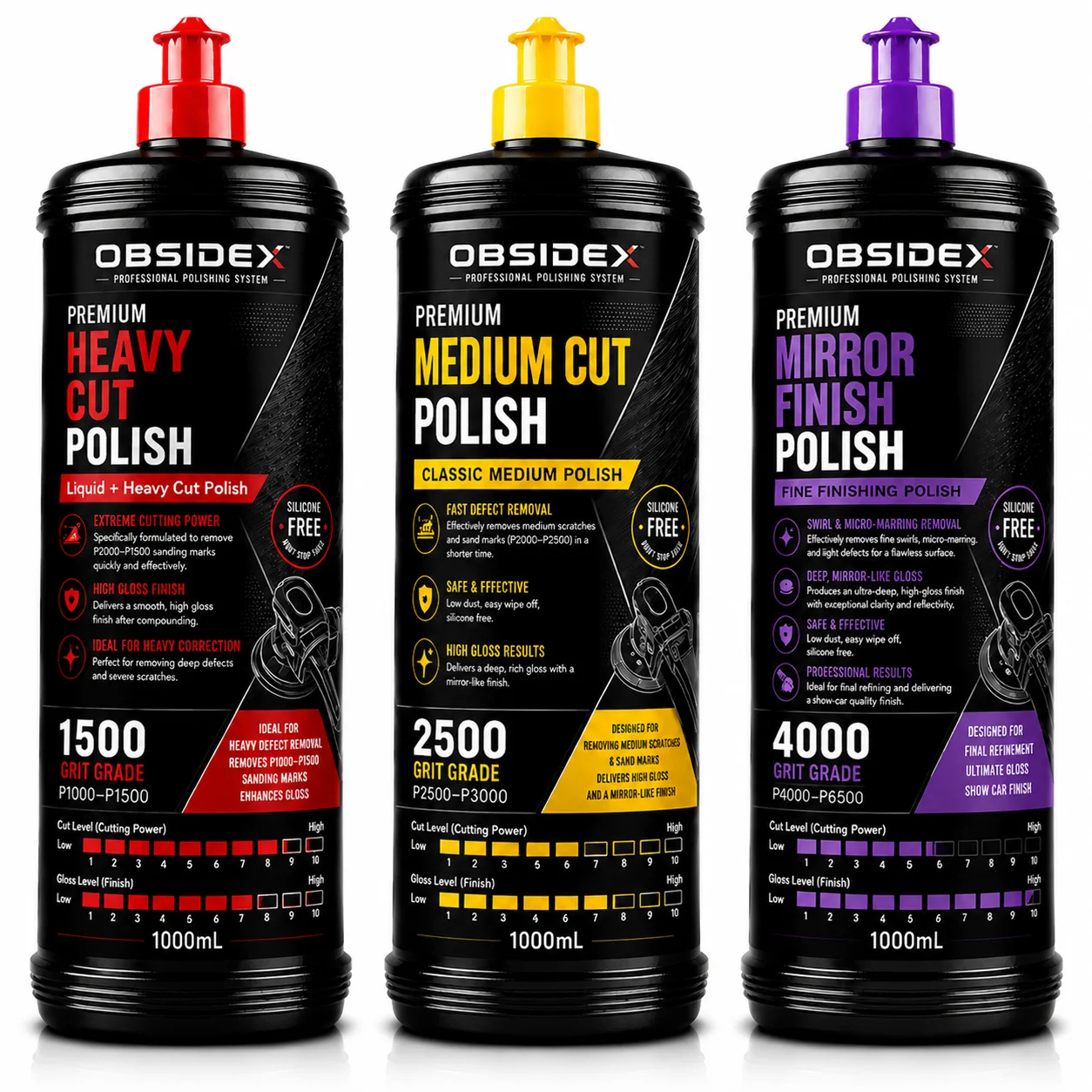 OBSIDEX 3‑Step Professional Paint Correction System – Cut, Polish & Mirror Shine(3×1000ml)
