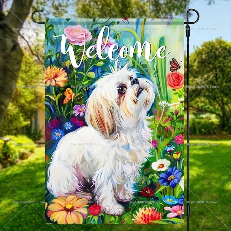Bandera de jardín con diseño de cachorros y flores para decorar jardines, céspedes, patios, hogares, festivales al aire libre, fiestas y eventos para dar la bienvenida a los invitados