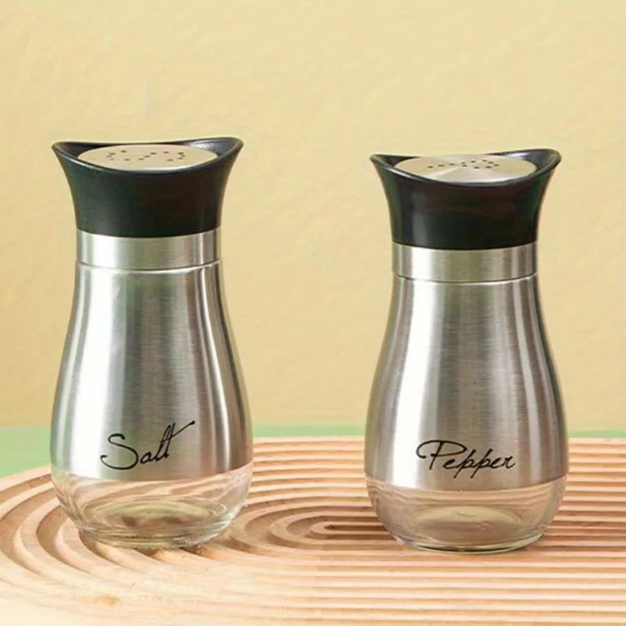 2pcs Glass Bottom With Stainless Steel Salt Pepper Shakers Spice Dispenser With Adjustable Pour Holes Pepper Seasoning Cans