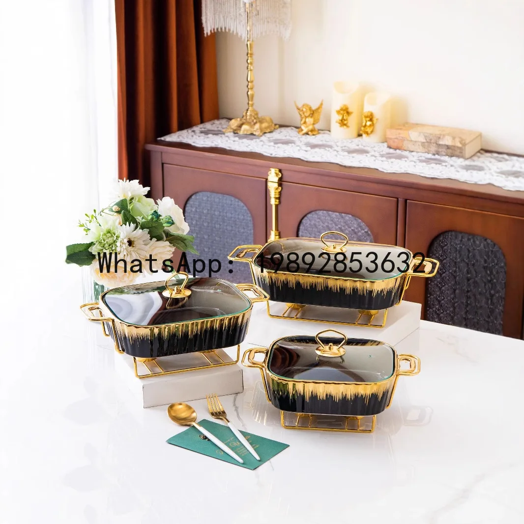 Rectangular golden ceramic pot baking dish tableware light fire heating hotel dry soup pot casserole creative pot holder
