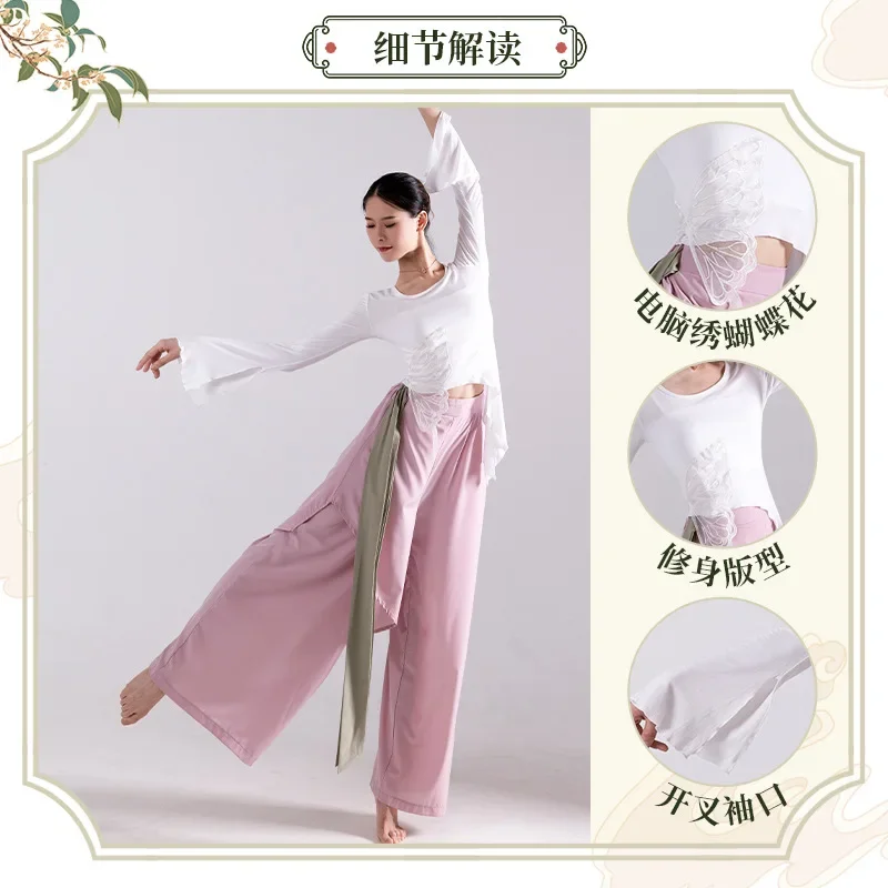 

Pink bamboo embroidery butterfly flower classical dance costume oriental dance slit ribbon stitching double wide-leg pants