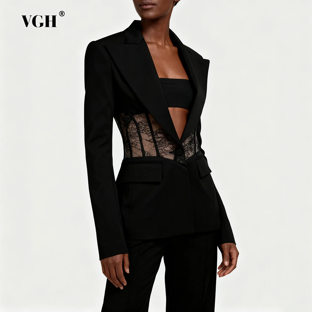VGH Solid Sexy Lace Slimming Blazers For Women V Neck Long Sleeve Spliced Button Autumn Design Sense Blazer Female Fashion New