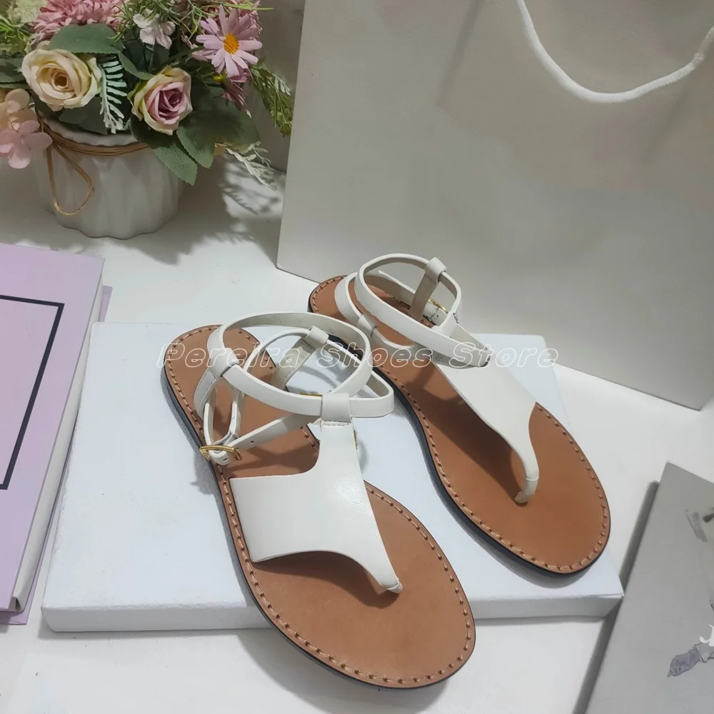 Summer Concise Fashion Flat Sandals Open Toe Ankle Buckle Strap Narrow Band Ladies Falt Shoes Black White Brown Color