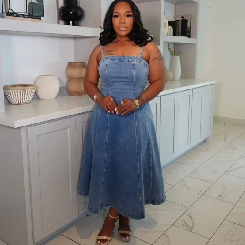 

2026 Women's Sexy Bareback Strap Long Denim Dress Fashion Style New Design Casual Elegant Gown for Women