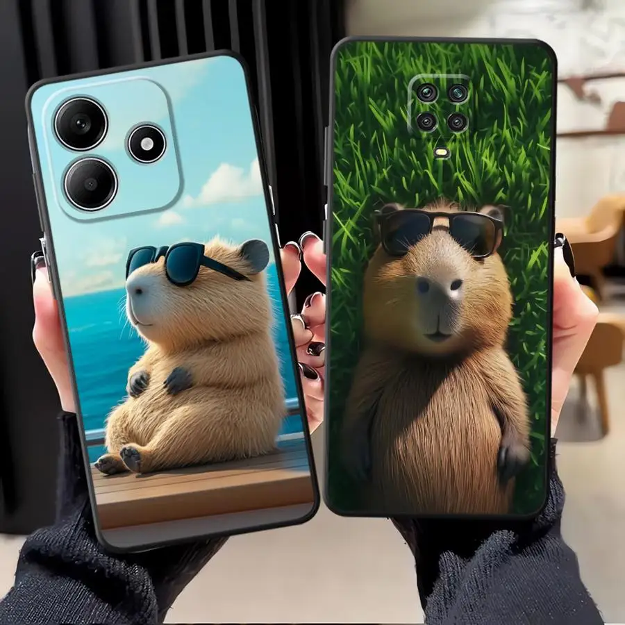 Чехол для Xiaomi Redmi Note 10S 13 14 Pro Plus 11s 9S 9 10 11 12 Pro 12s 7 8 Черный Мягкий чехол для телефона Cute Capybara