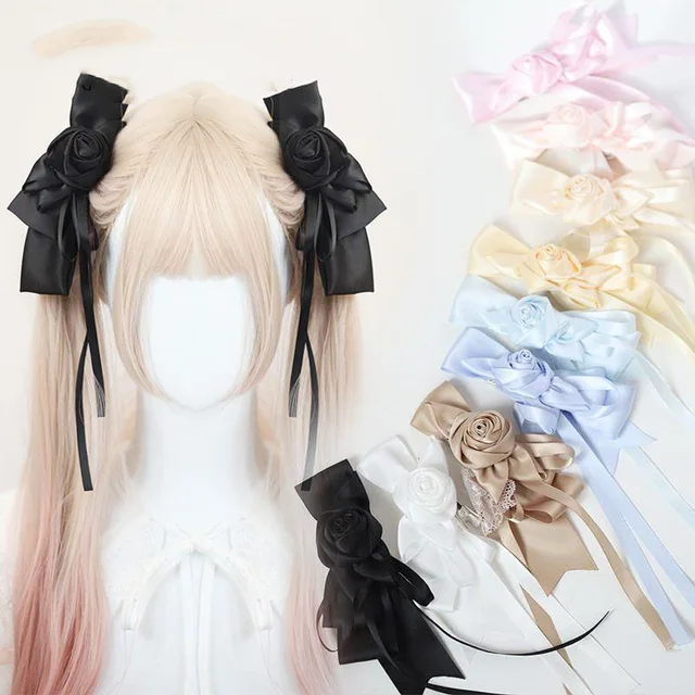 Ręcznie robione nakrycia głowy dla dziewczynki Harajuku Steampunk wstążka w róże podwójne kucyki damskie spinki do włosów Lolita Angel Y2K gotyckie spinki do włosów