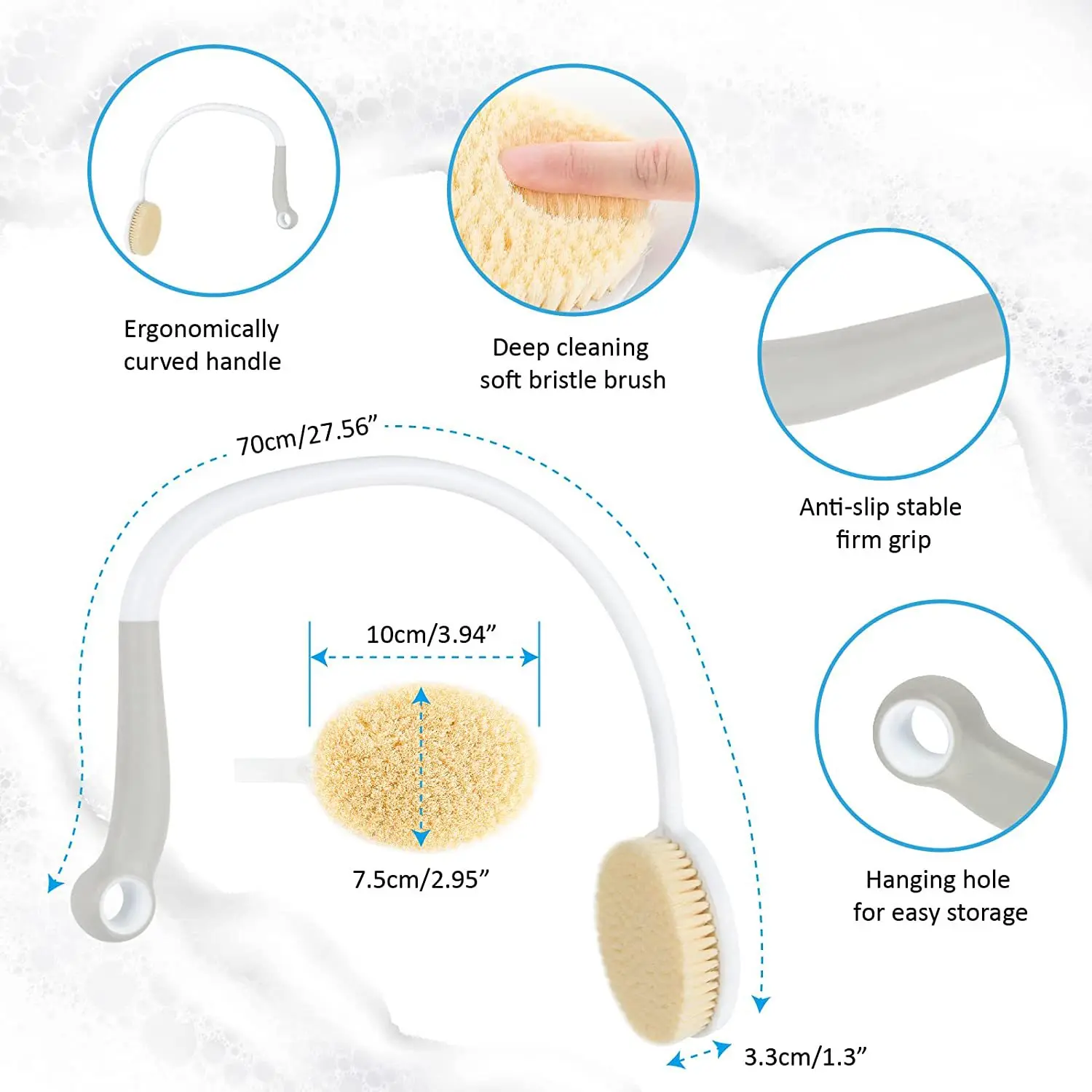 Escova de banho longa curvada para idosos e deficientes, escova corporal de chuveiro, punho longo, mobilidade, 1pc, 27,5 in