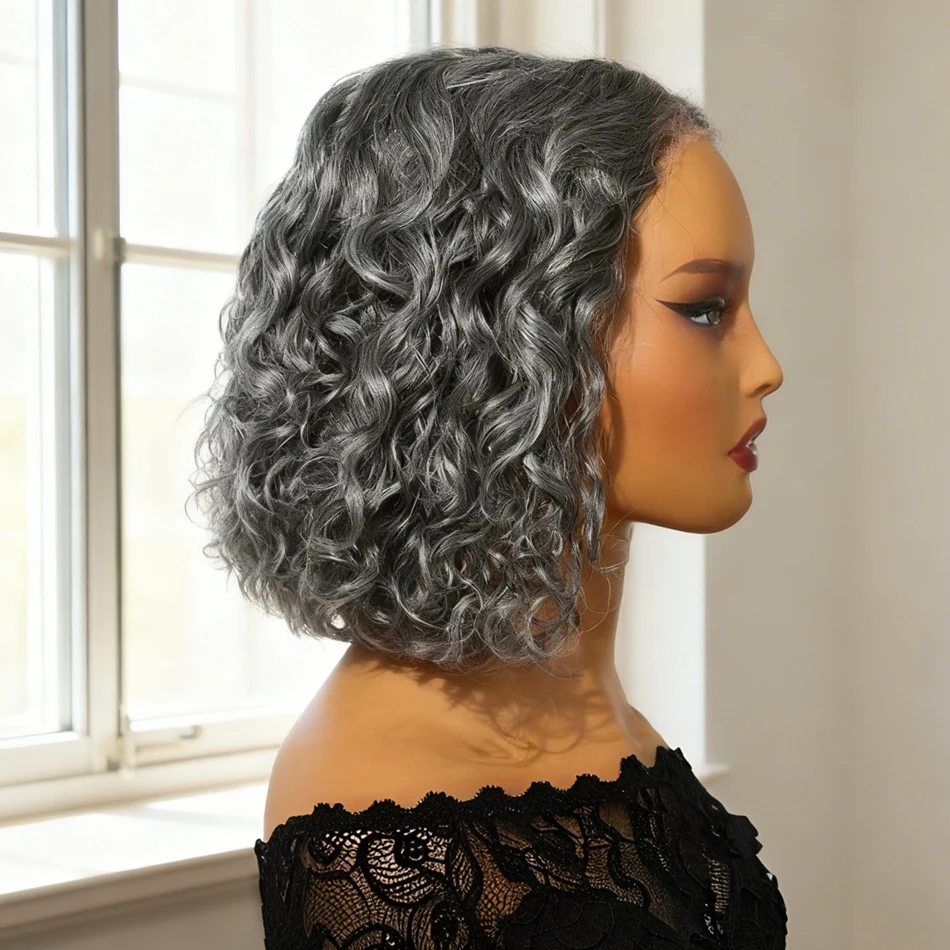 Parrucche per capelli umani ricci caschetto corto grigio argento Parrucca trasparente per sale e pepe con onde profonde Parrucche in pizzo HD Capelli umani Remy brasiliani al 100%