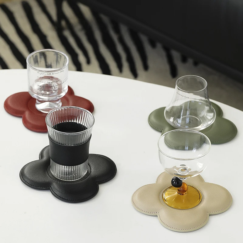 

Flower Shape leather Coaster light luxury, Thick Leather Mat, home Nordic style insulation mat, solid color tea cup mat