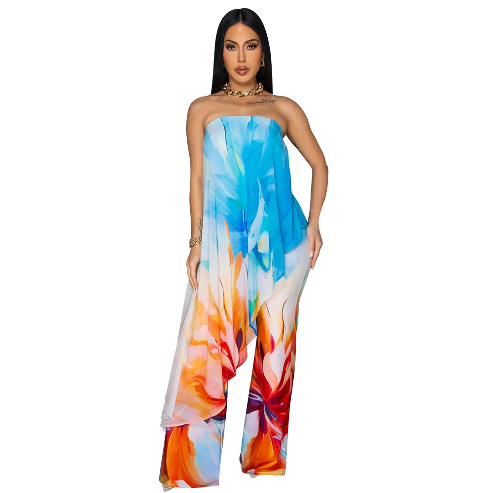 

European Fashion Colourfull Printed Sleeveless Tube Top Comfortable Casual Loose Long Pant 2 Piece Set Lady Clothing