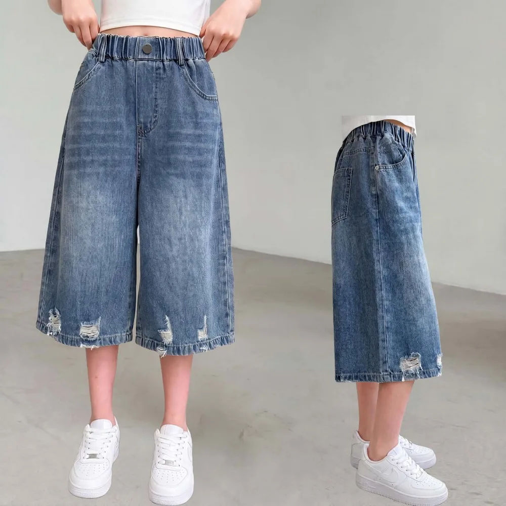 Teens Children's Summer Ripped Denim Shorts for Girls Fashion Casual Knee Length Retro Jeans Kids Short Pants with Holes Capris