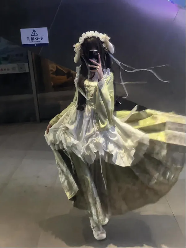

Green Hanfu Women's Collared Top Tailed Skirt Lolita Dress Petal over Skirt Autumn Winter Fashion Traditional Chinese C...