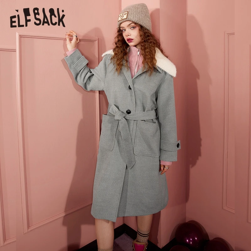 

ELFSACK Collar Detachable Gray Wool Coats Women 2022 Winter Long Warm Outwears