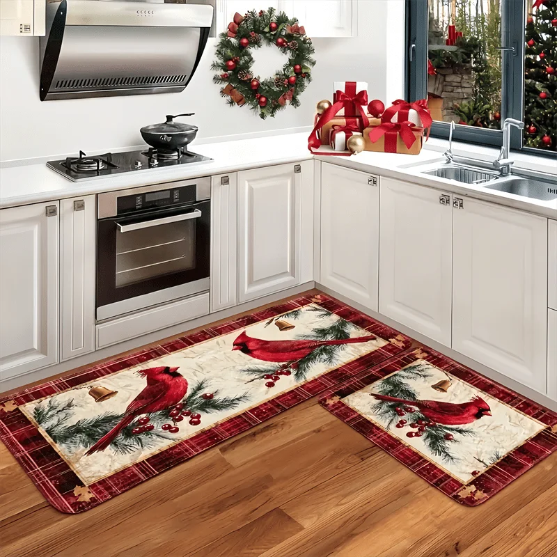 VIKAMA Winter Kitchen Mat Red Cardinal Pine Branch Berry Plaid Border Non Slip Water Absorbent Washable Christmas Holiday Decor