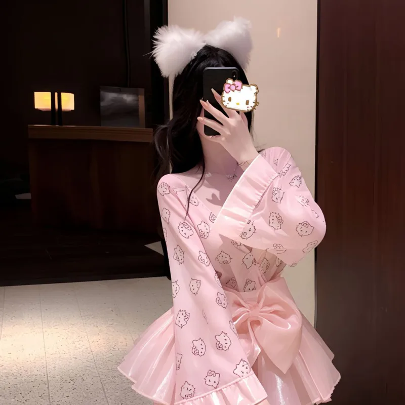 Sexy Alluring Backless Nightdress Pure Desire Style Seductive Passionate And Cute Uniform With Printed Bowknot Dress Casual LRF6