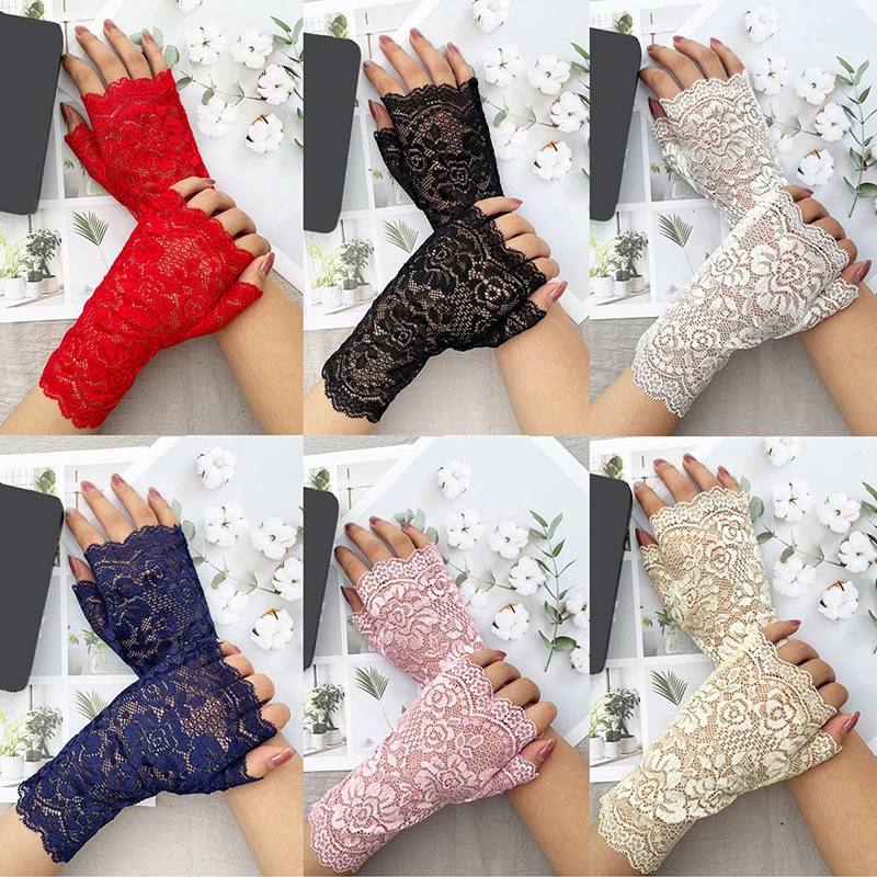 Womens Sexy Lace Gloves Sunscreen Short Gloves Fingerless Lace Driving Cycling Gloves Spring And Summer Mittens Accessories