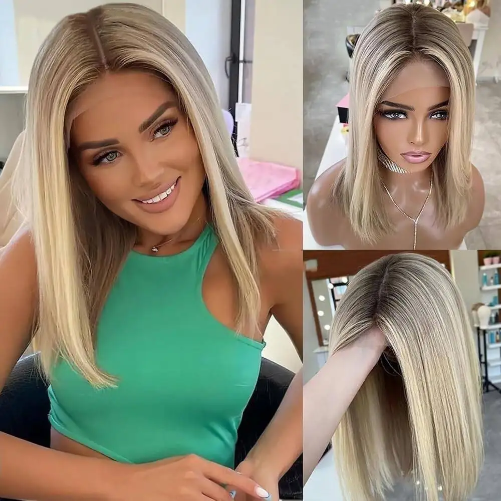 

Ombre Brown to Blonde Highlights Glueless 13x4 Lace Front Wig Shoulder Shadow Roots Straight for Women