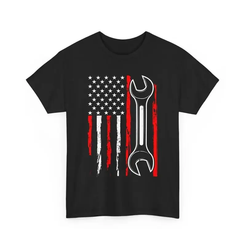 Mens Patriotic Wrench T Shirt American Flag Design USA Mechanics
