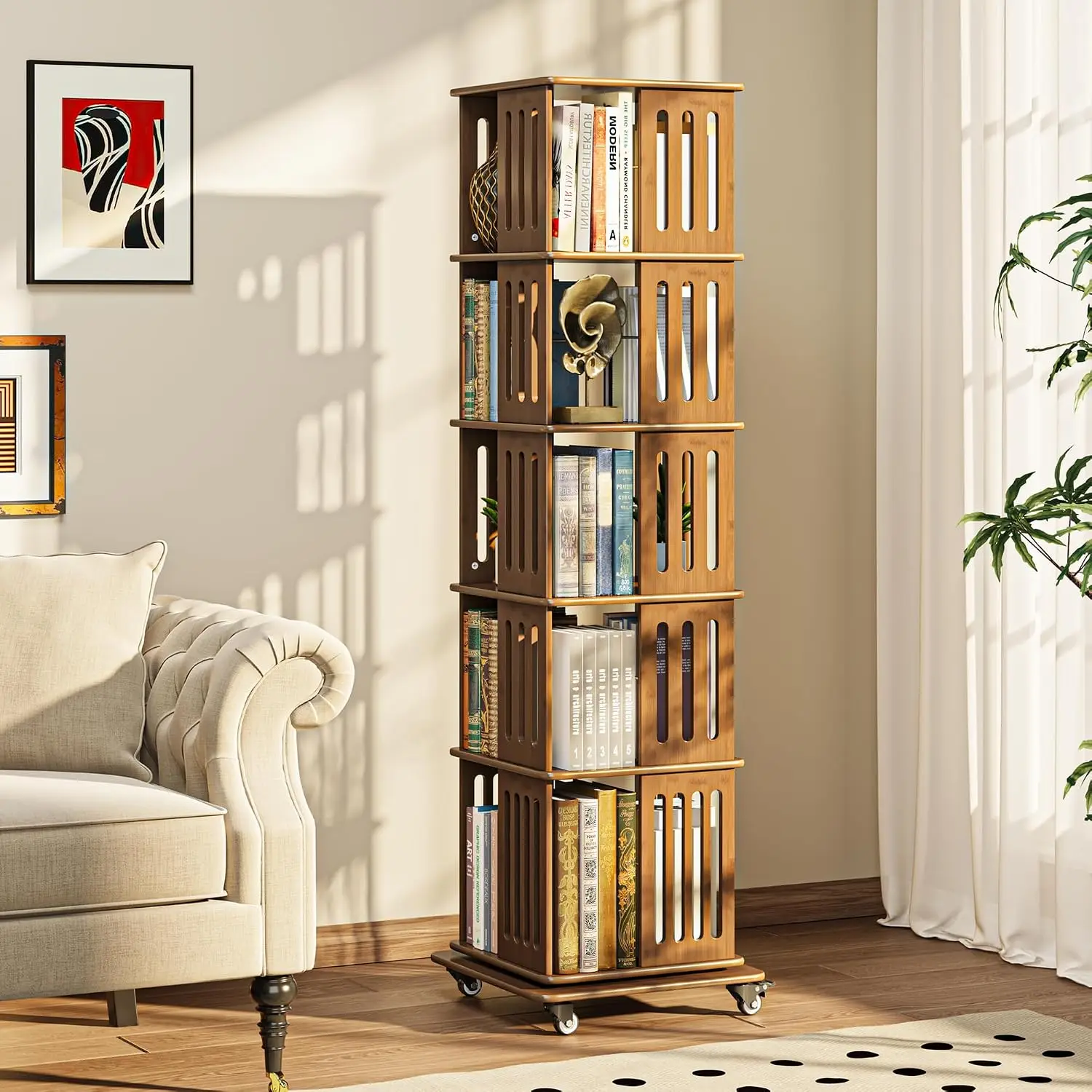 Solid Wood Rotating Bookshelf Tower, 5 Tier Spinning Bookcase with Wheels & Storage for Small Spaces, Walnut, Customized