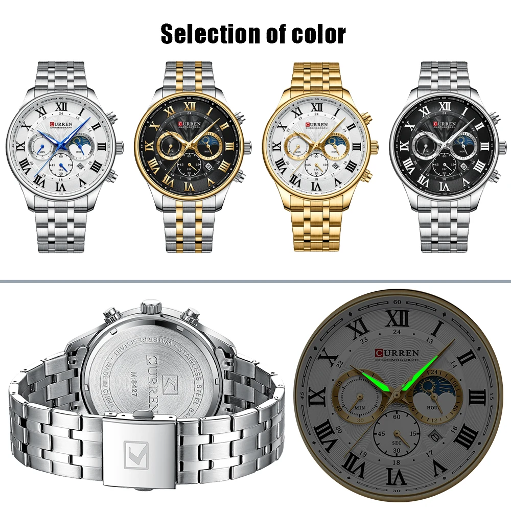 CURREN Casual New Men\'s Watches with Date Classic Chronograph Stainless Steel Wristwatches with Luminous Hands Male Clock