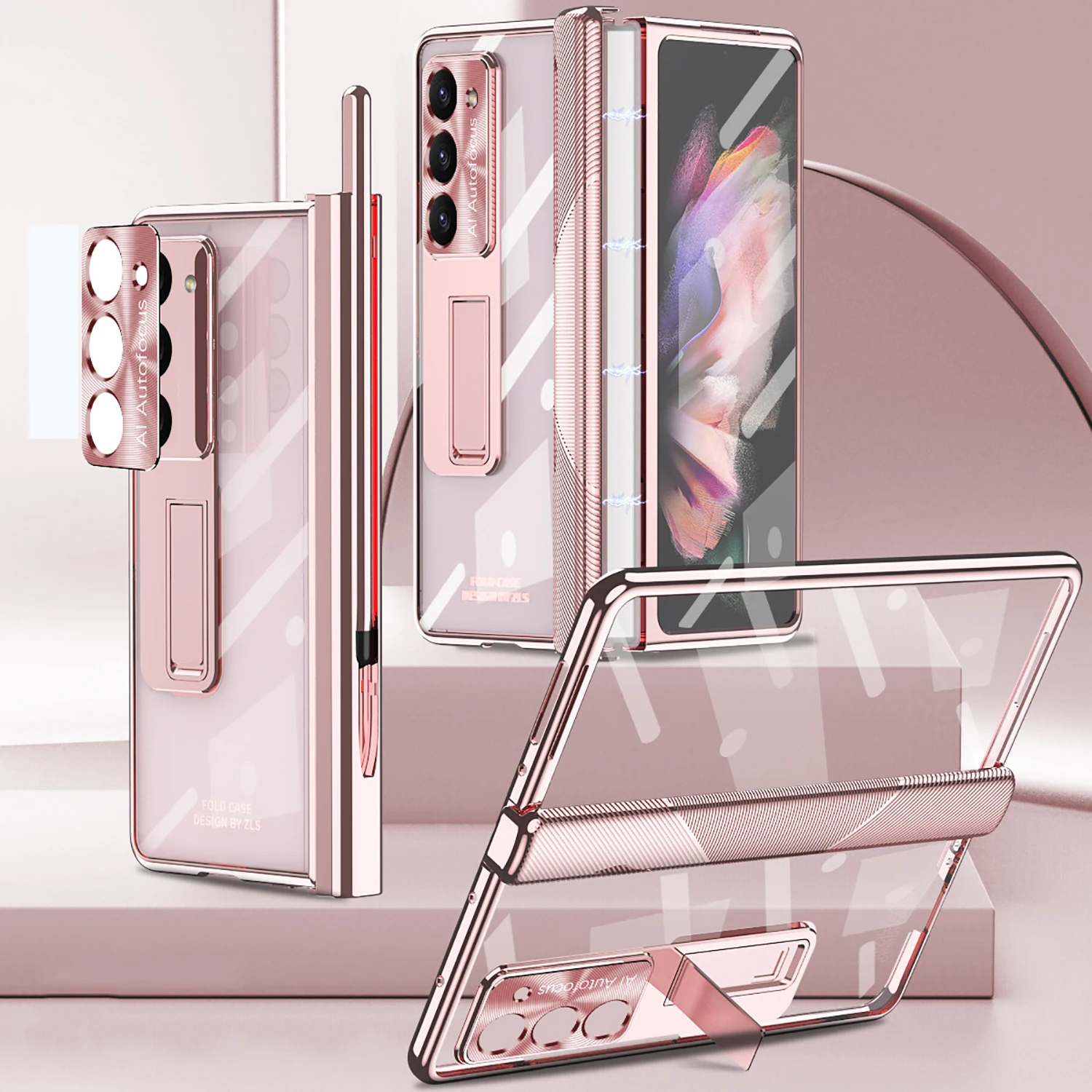 

for Samsung Galaxy Z Fold 5 Hinge Coverage Protective Case Transparent Plating PC with Pen Holder Kickstand Screen Protector