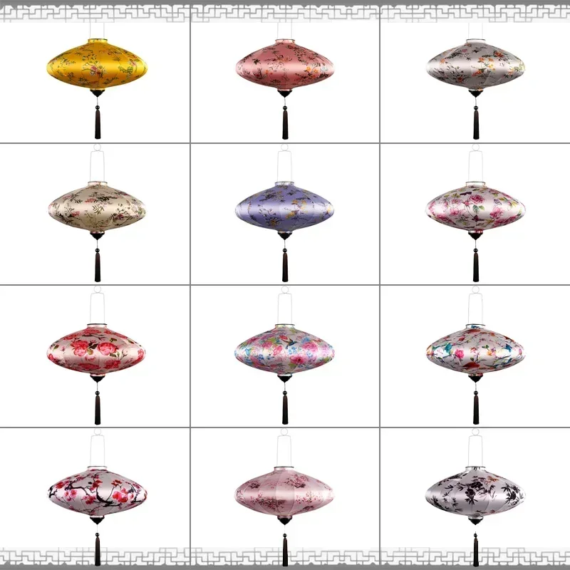 Chinese Lantern Festival Retro Chinese Silk Lantern Flower Bamboo Tassels Print Indoor Decor Christmas Party Home Doorway Decor