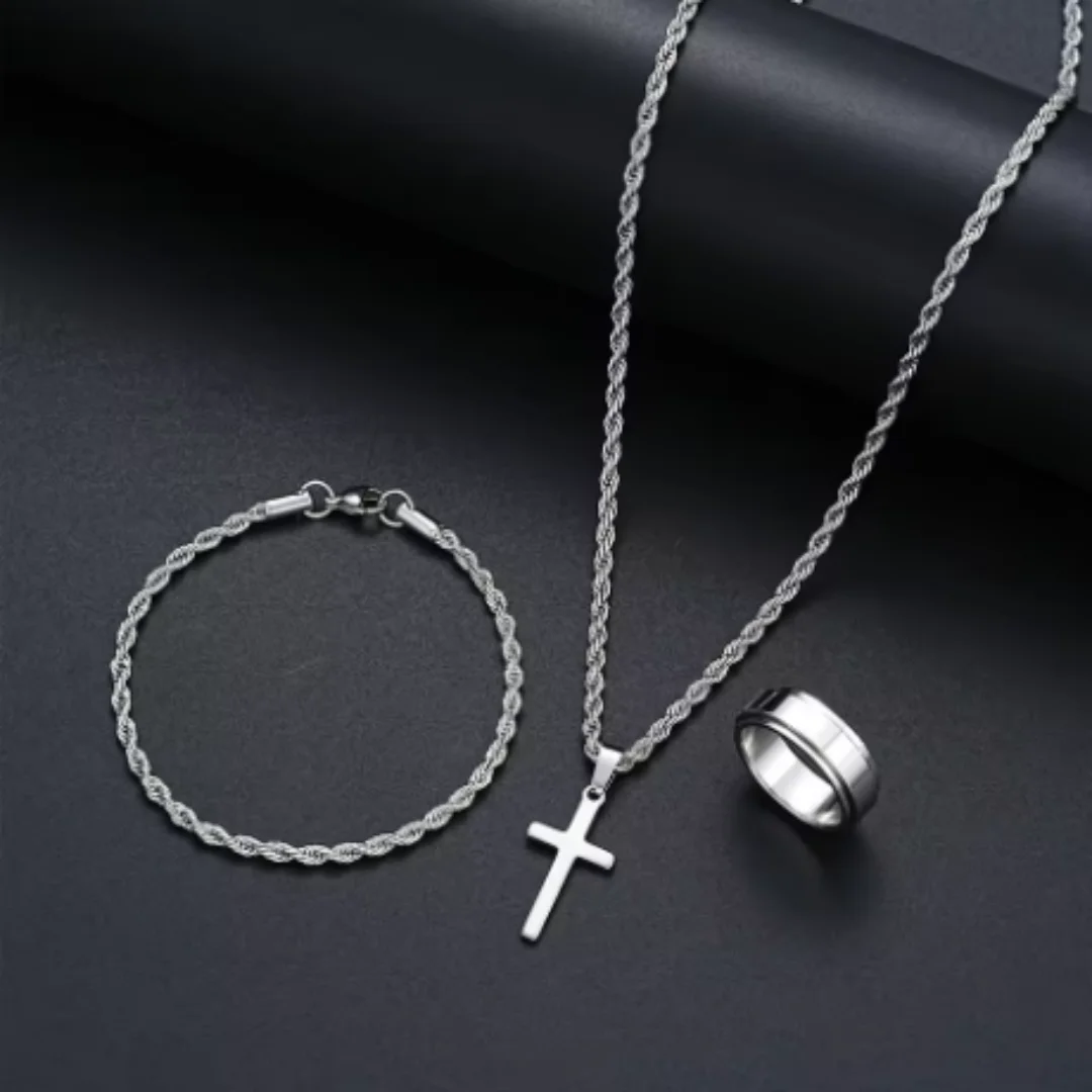 3PCSUnisex Minimalist Jewelry Set, Featuring A Fashionable Silver Cross Pendant, Twisted Rope Necklace, Bracelet, And Ring