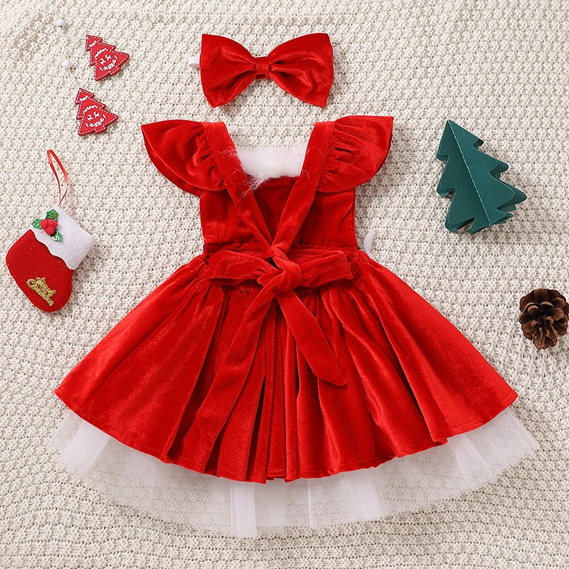 1-7Y Toddler Baby Girl Christmas Dress Santa Claus Dress Red Velvet Long Sleeve Tulle Princess Dress with Headband Outfit