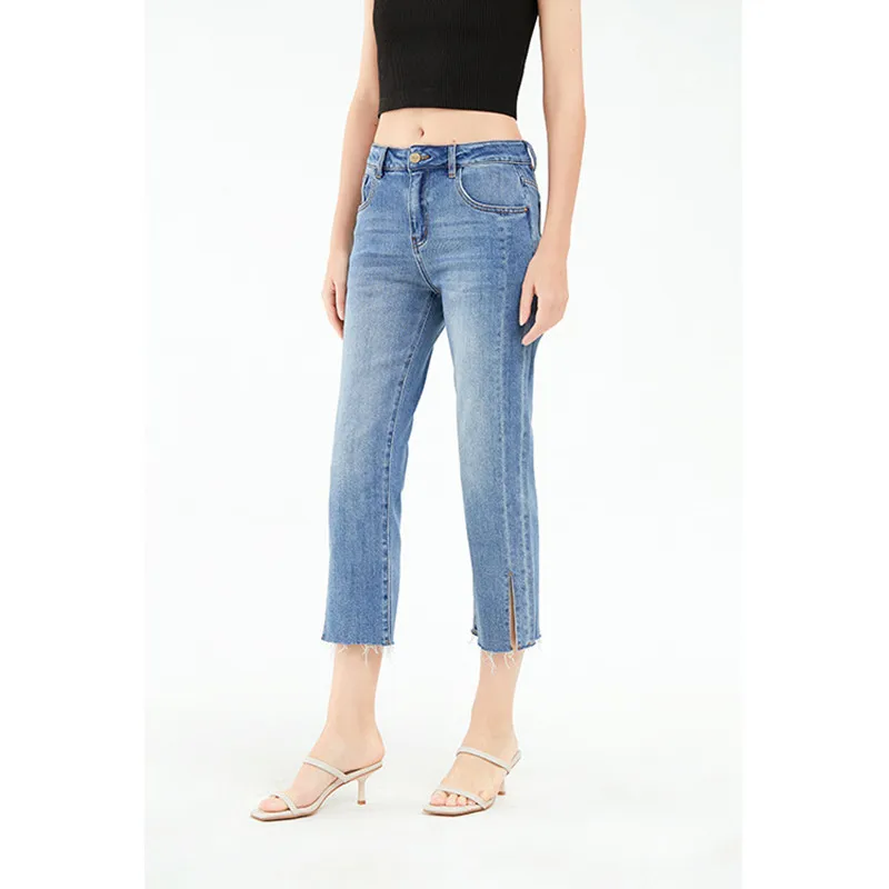 Women's High-Waisted Elastic Smoke Tube Straight Ankle-Length Pants Female Slim Blue Split Jeans