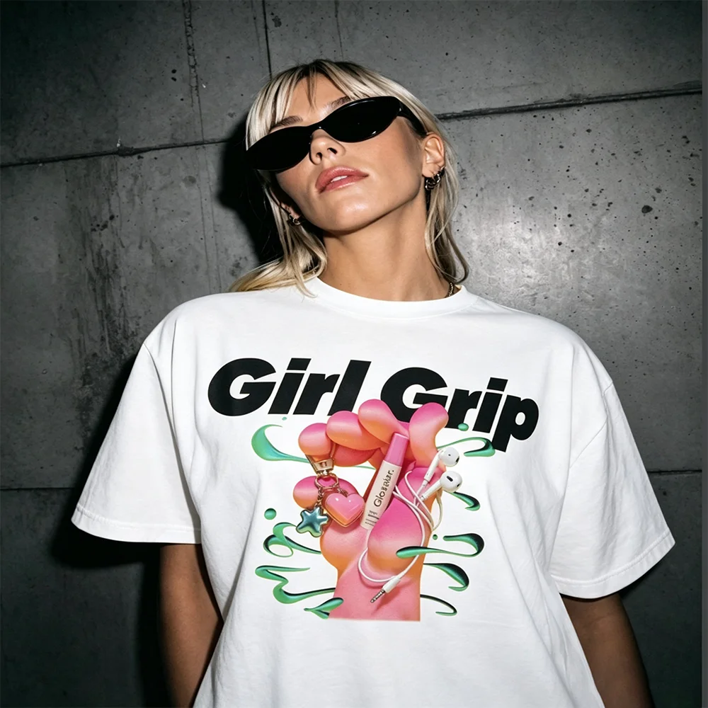 Girl Grip Y2K Unisex Tee Fluid Pink Hand Graphic T-Shirt with Lip Gloss Earphone Keychain Trendy Aesthetic Children's Clothing