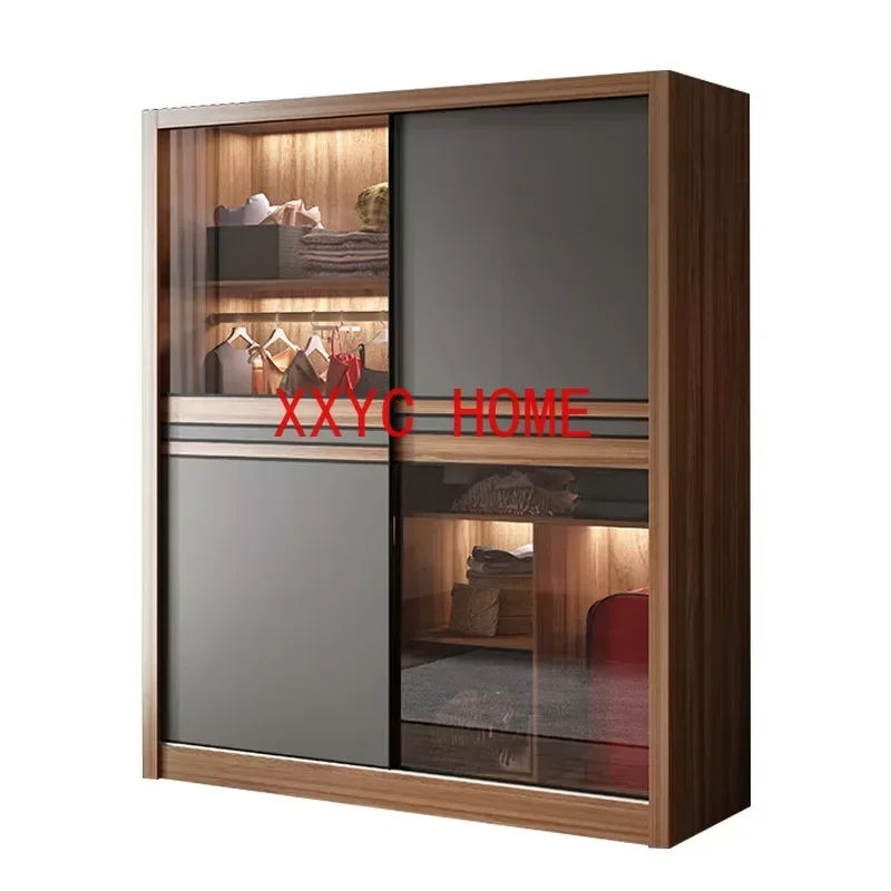 Simple Modern Organizer Wardrobe Clothes Wooden Bedroom Nordic Wardrobe Glass Sliding Door Hanger Rail Ropero Household Items