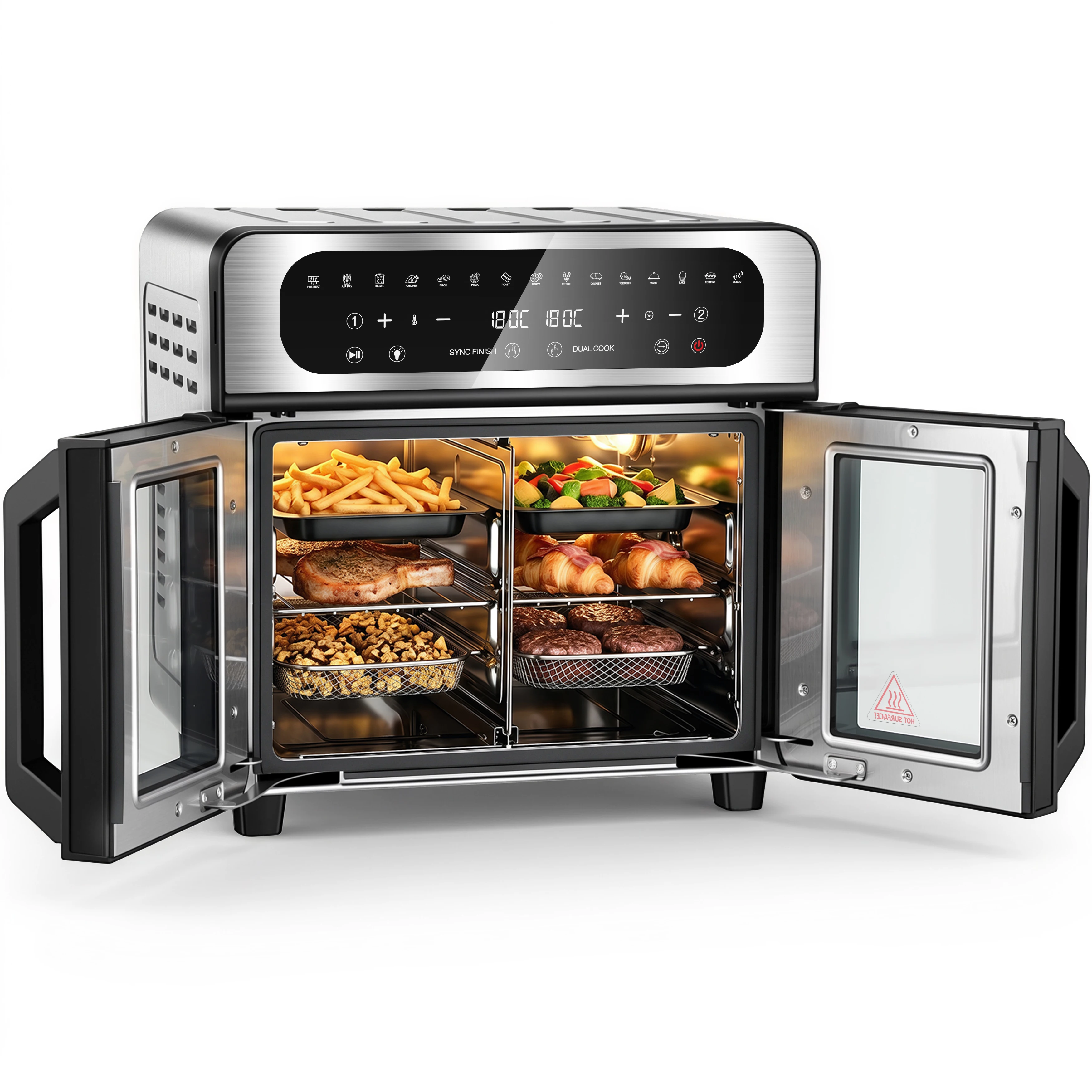 Mini-Konvektionsofen 23L Doppelzonen-Ofen 2500W 30-210 ℃   Heißluftofen mit Doppeltüren, Heißluftfritteuse mit 480-Minuten-Timer, Touch-Steuerung, 15 voreingestellten Arbeitsmodi, ölfrei